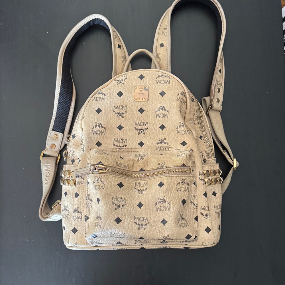 MCM Cream Monogram Backpack